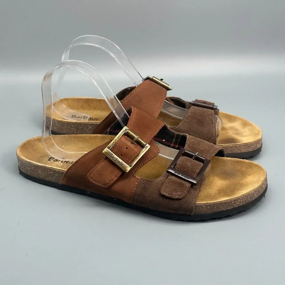 Barbour Mitchell Men's 11 Brown Suede Slide Sandals Slip-On Outdoor Double Strap
